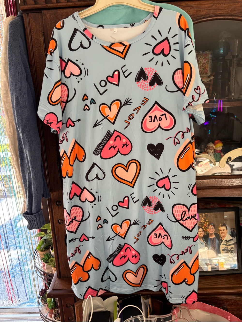 Hearts & Love Graphic Sleep shirt-Pink, Orange, Black on Light Blue
